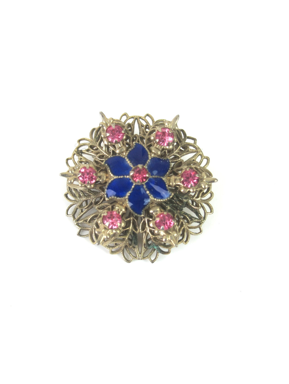 Vintage Pin Brooch Gold-Tone Filigree Blue Enamel Flower Pink Rhinestones 1.3"